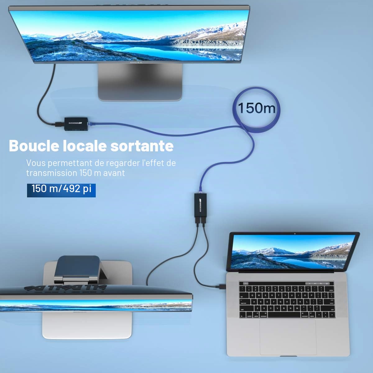 PWAYTEK HDMI Extender sur IP, portée 150m par câble Cat5e/Cat6/Cat7/Cat8, Compatible Boucle Locale et Transmission Un vers Plusieurs avec commutateur réseau(Bleu)