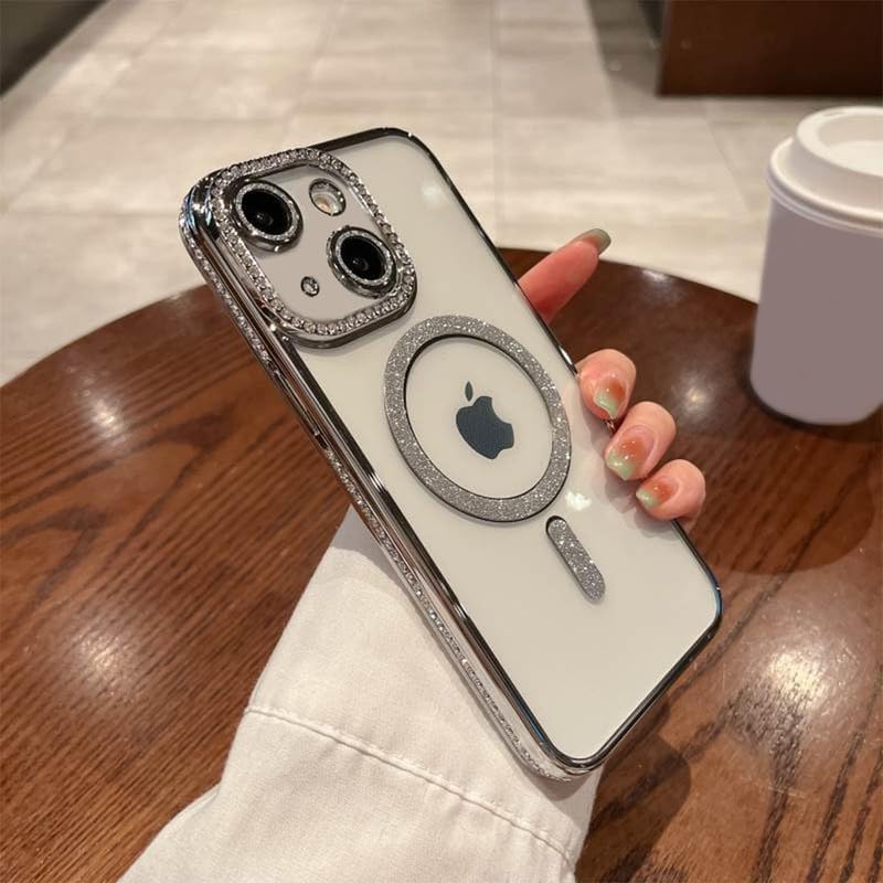 Image of Cute Compatible with iPhone 15 Diamond Glitter Case,Luxury Bling Rhinestone Soft Clear TPU Bumper Case,Compatible with MagSfe and Camera Lens Protection Cover for Women Girls (Silver)