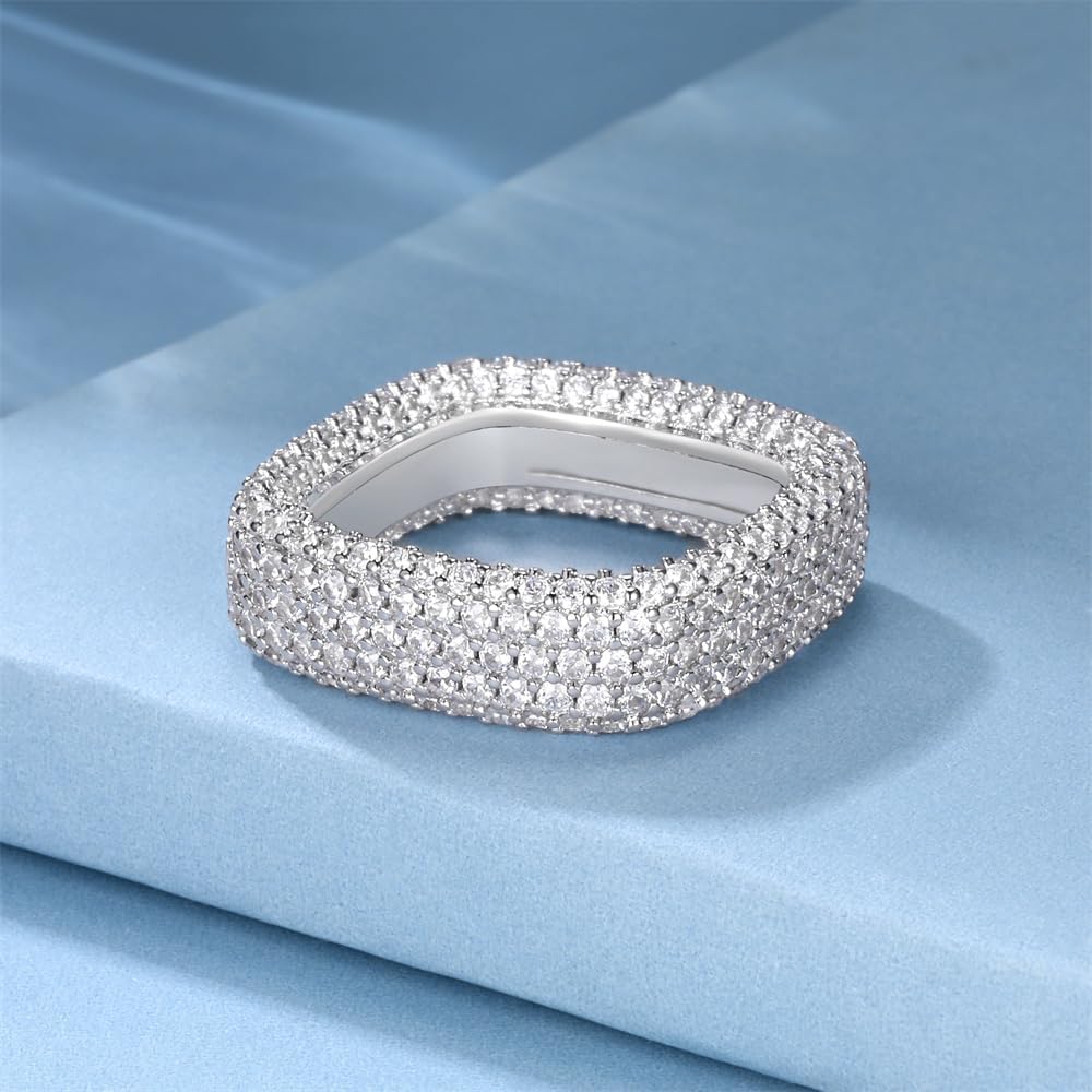 MDFUN 18K White Gold Plated Iced Out Promise Engagement Wedding Eternity Ring for Women Men, Sparkling Cubic Zirconia Square Rings 7mm Width Size 5-10.5 - Image 3