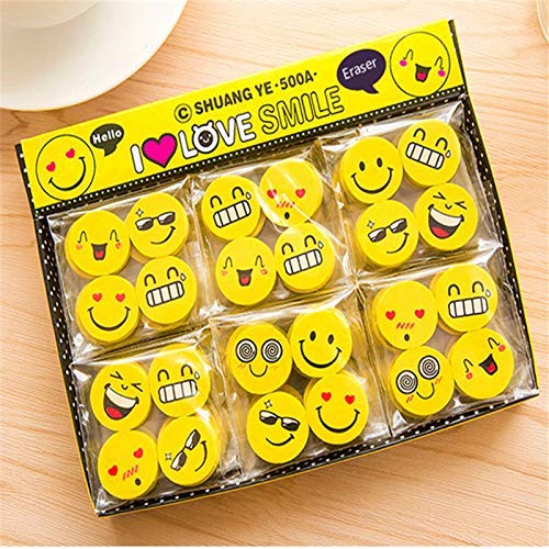 Aarvi Funny and Cute Emoji Assorted Smile Rubber Erasers for Birthday Return Gifts (18 Pkts)