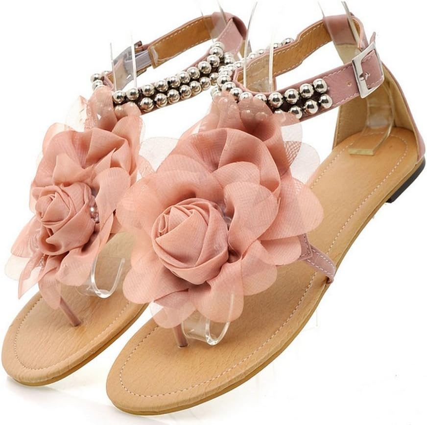 New Summer Fashion Flower Beaded Women's T Strap Sweet Flats Sandals Shoes