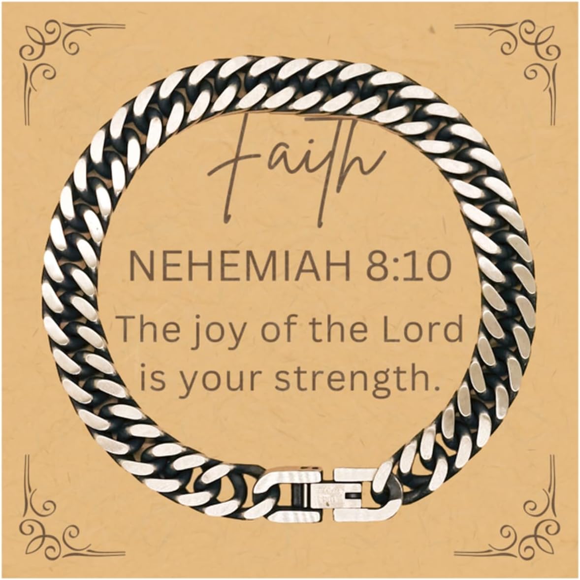 PARN'S Gifts For Christian Bible Verse - Nehemiah 8:10 - Cuban Link Bracelet Faith Gifts For Son Dad Brother Nephew Boyfriend Husband, Religious Jewelry Bracelet Message Card Box