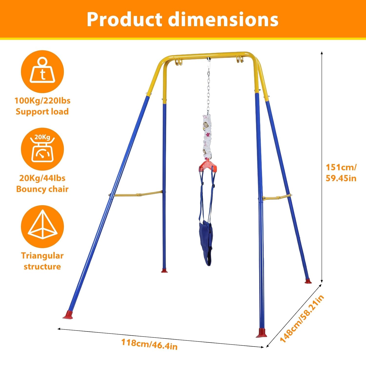 Baby Jumper with Stand Adjustable Chain, Indoor Outdoor Baby Jumper Play Set, Soft Breathable Cloth & Triangular Frame Secure, for Infants Up to 44lbs Blue