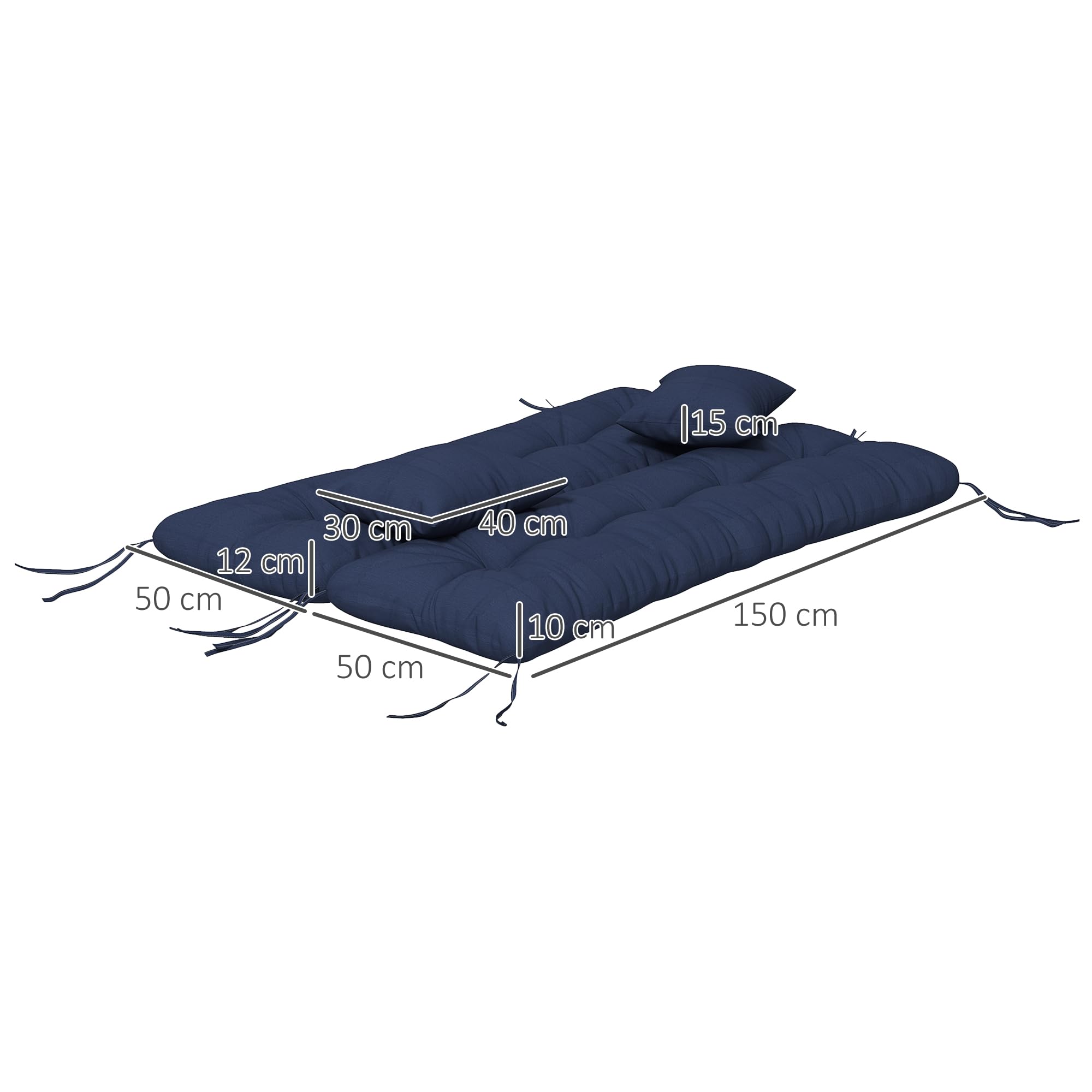 Outsunny Juego de 4 cojines de asiento, 150 x 50 cm, resistentes al agua, con lazos, diseño anudado, 10 cm de grosor, acolchado para columpio, cojín para asiento, para casa, jardín, sofá, azul marino