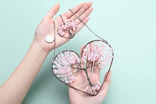 Vista 18 de PESOENTH Amatista corazón vida árbol atrapasueños adorno colgante bohemio púrpura doble corazón árbol de la vida vida arte pared ventana coche Árbol