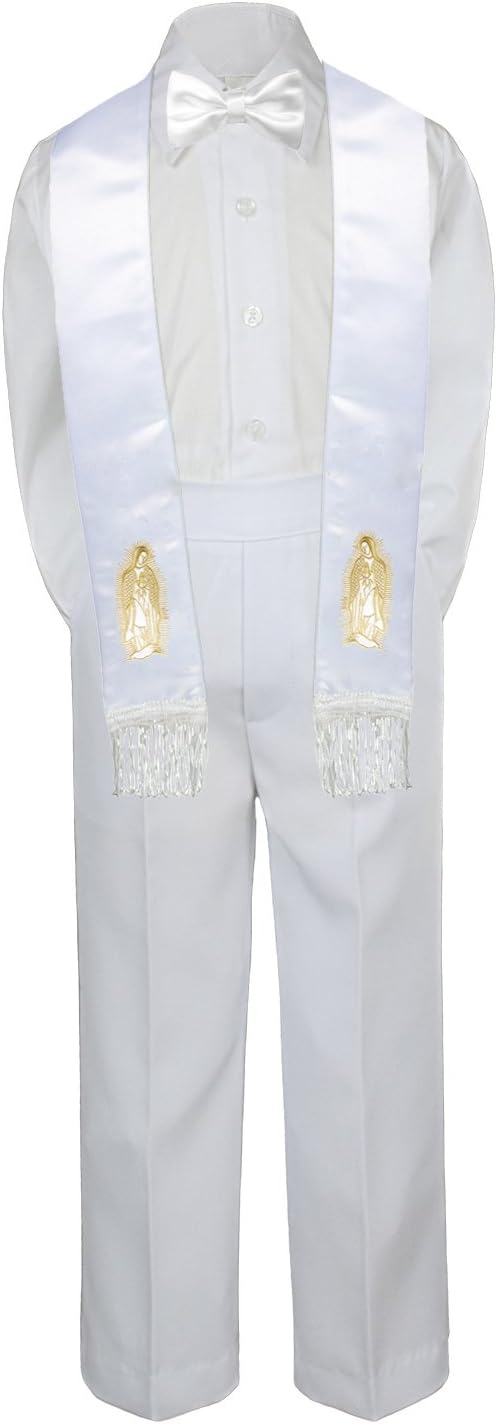 Baby Kid Boy Christening White Pants Shirt Suit set w/ Bow tie & Mary Stole Sm-7 (XL: = (18-24 Months), Plain Gold No Word)