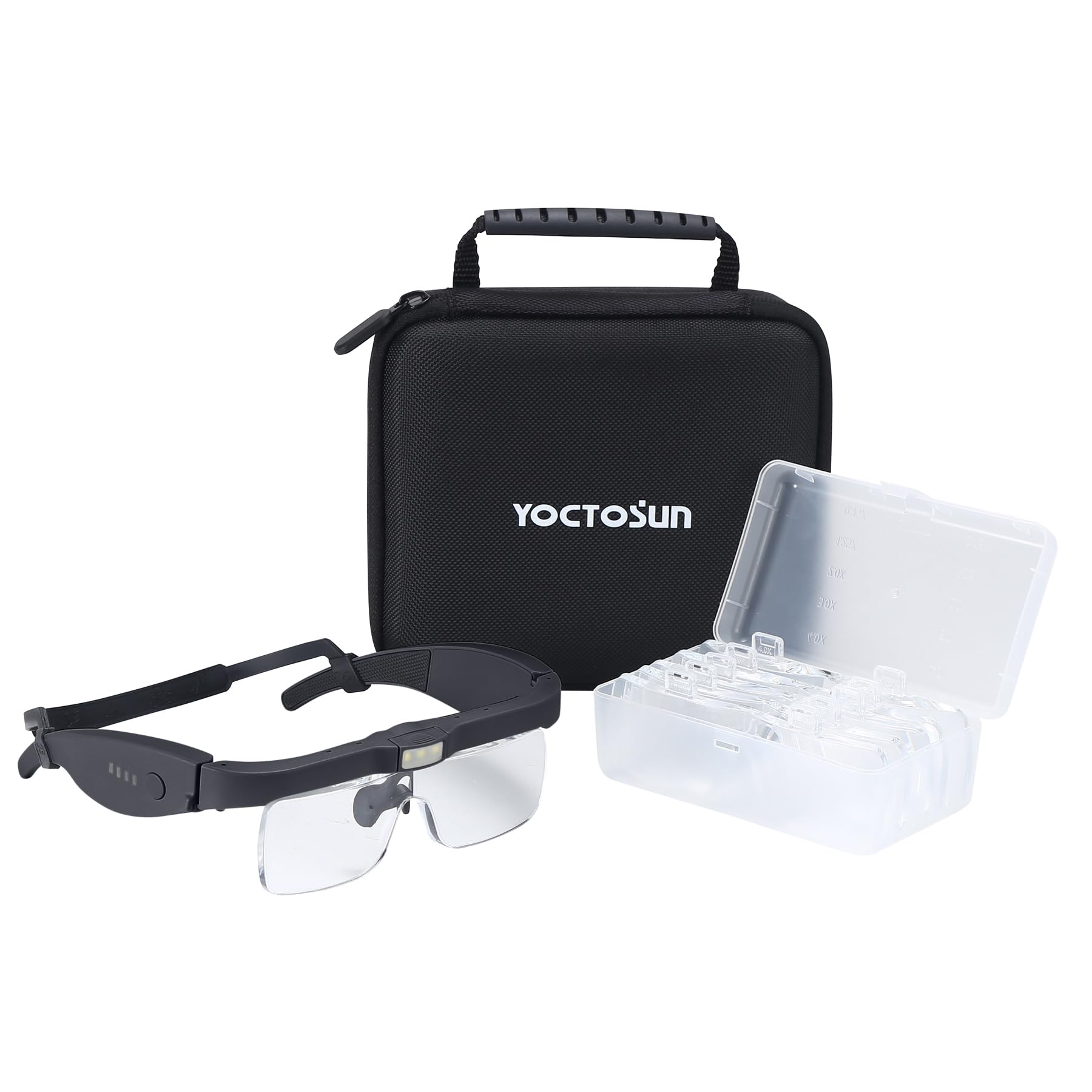 YOCTOSUN Auriculares de aumento con 3 luces LED, estuche de almacenamiento, correa para la cabeza y 5 lentes desmontables 0.75X, 1.25X, 2.0X, 3.0X 4.0X, lupas para trabajos cercanos, joyas
