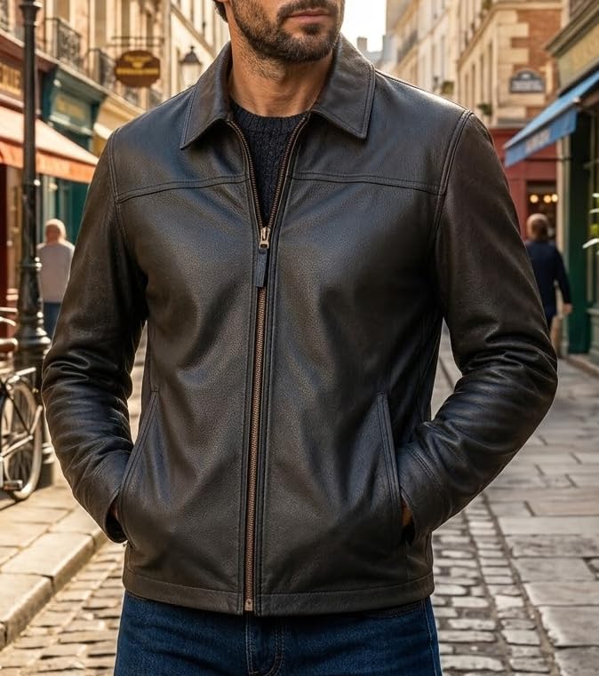 Image of Isaac & David Chicago Men's New Black /Brown Lambskin Leather Classic Open Bottom Jacket Motorcycle Vintage Racing Jacket