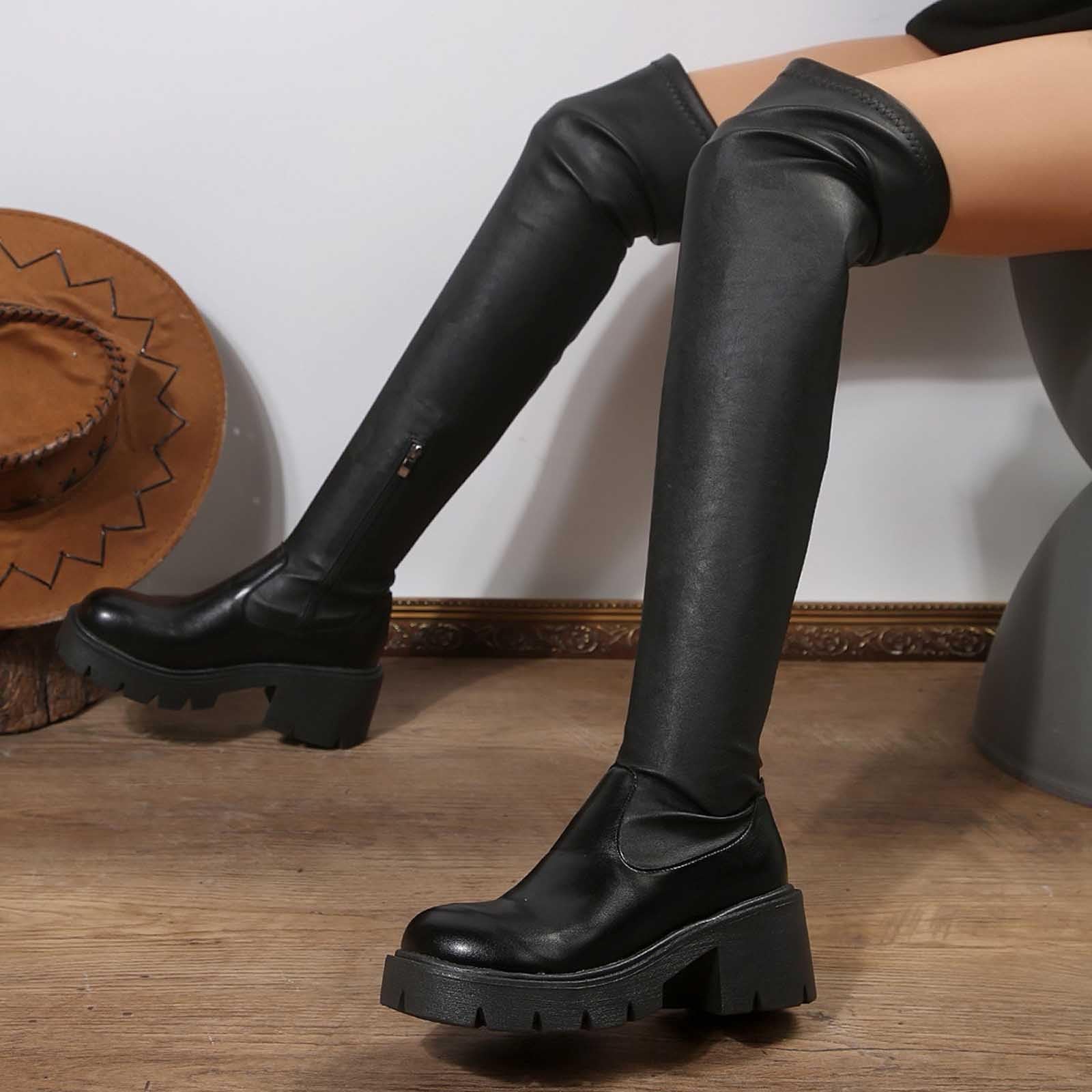 Generisch Stiefel Damen Schwarz Modische Overknee elegante dehnbare kniehohe mit klobigen Absätzen für stilvolle Outfits