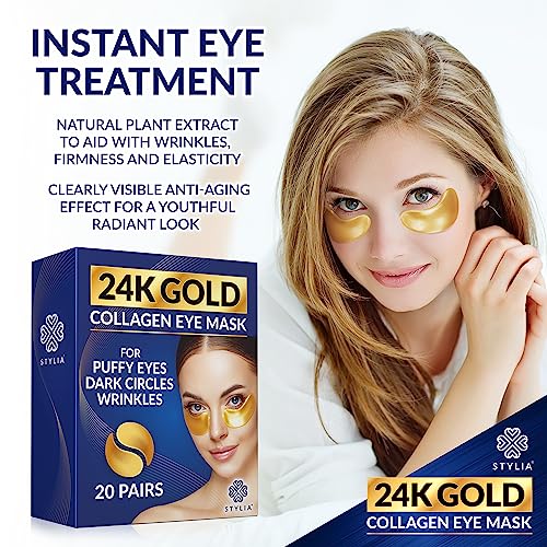Stylia 24K Gold Under Eye Patches - 20 Pairs Under Eye Mask With Hyaluronic Acid, Hydrolyzed Collagen, Plant Extracts - Gel Eye Mask Patches For Puffy Eyes, Dark Circles, Wrinkles #TOP5