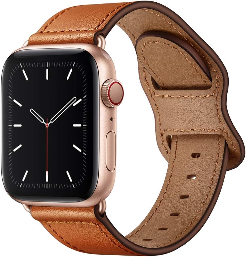 KYISGOS Compatible with iWatch Band 49mm/46mm/45mm/44mm/42mm, Genuine Leather Replacement Band Strap Compatible with Apple Watch Ultra 2/1 SE Series 10 9 8 7 6 5 4 3 2 1 (Brown/Rose Gold)