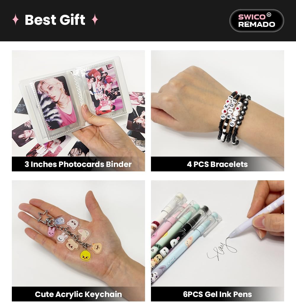 Swico Remado Album Merch Gift Box Set, Including 60 Photocards, 96 Stickers, 3 Inches Photocards Binder, 4 Bracelets, Mirror, 2 Button Pins, Keychain, Phone Ring Holder and 6 Pens for Stay Music Fans