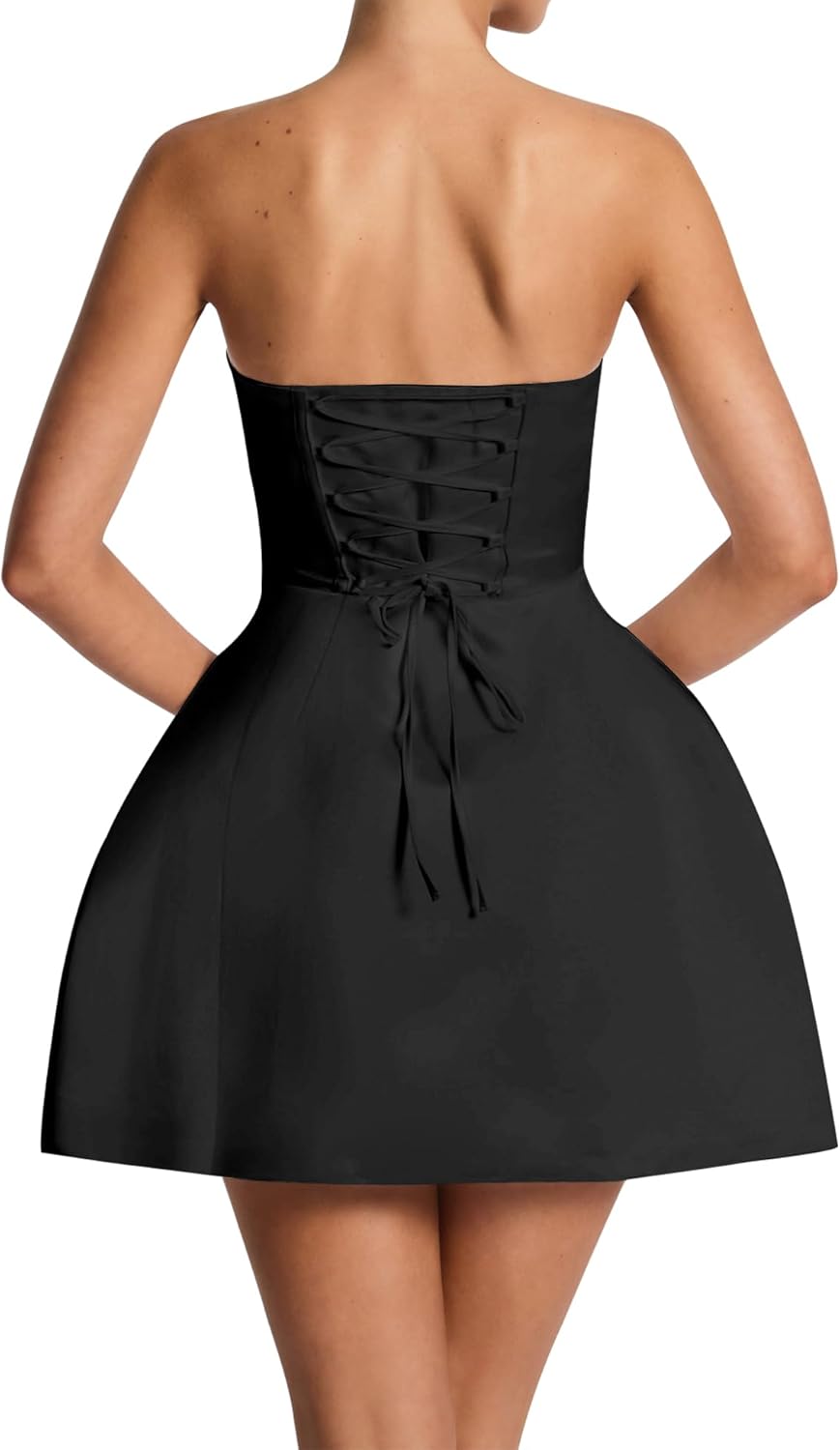 Women's Summer Sexy Strapless A-Line Backless Corset Mini Dress Cute Tube Top Bodycon Fit and Flare Bow Dress - Image 3