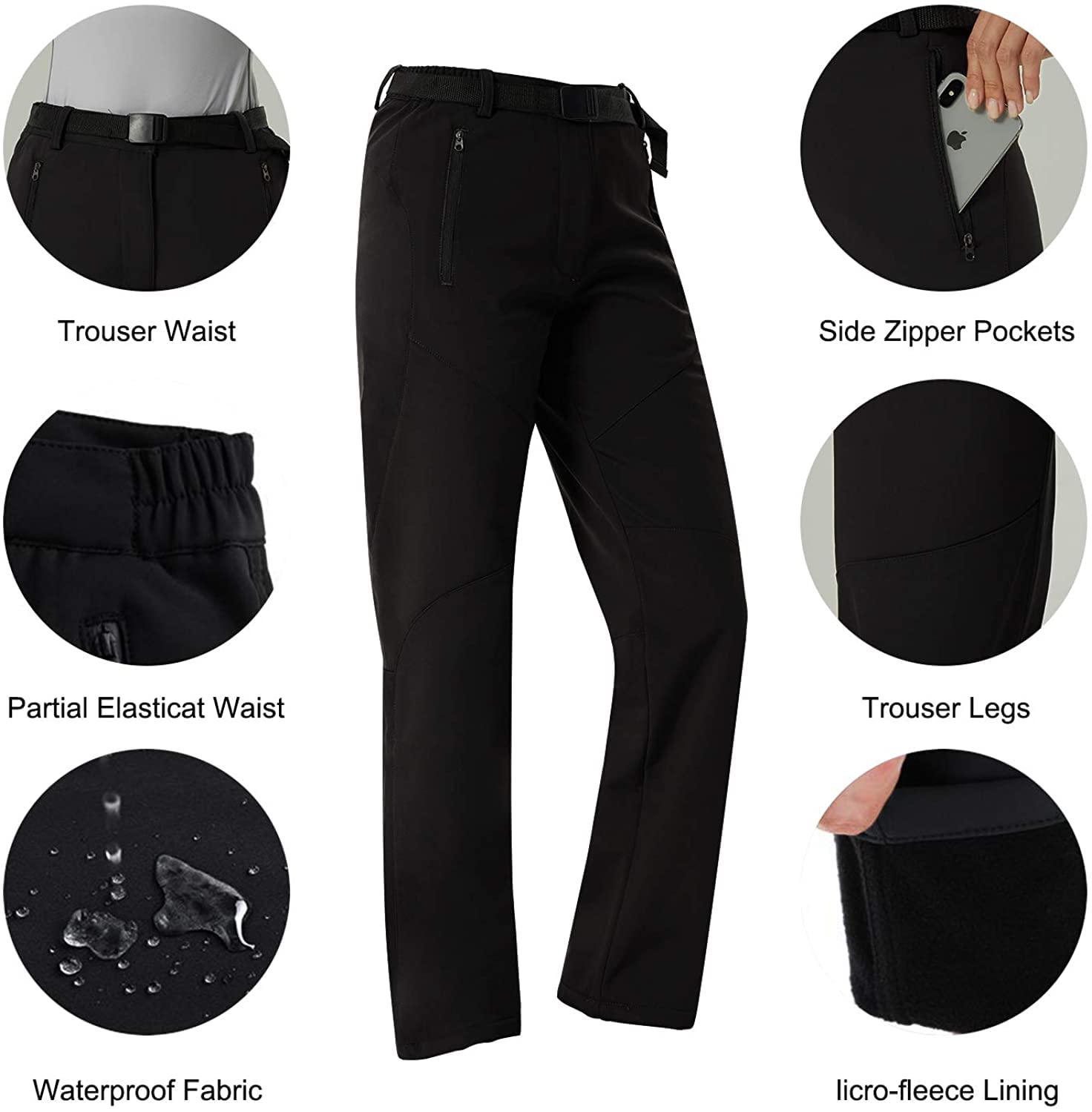 YUSHOW Pantaloni da trekking da donna, impermeabili, in softshell, invernali, imbottiti, antivento, da sci, snowboard, da trekking