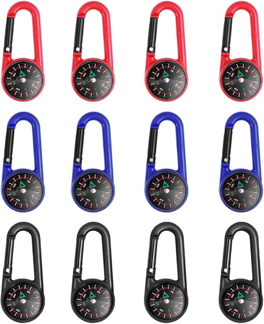 NUOBESTY Compass Carabiner Compass Keychain Colorful Mini Survival Compass 12pcs Bag Pendant Gift for Summer Outdoor Camping Accessory Random Color