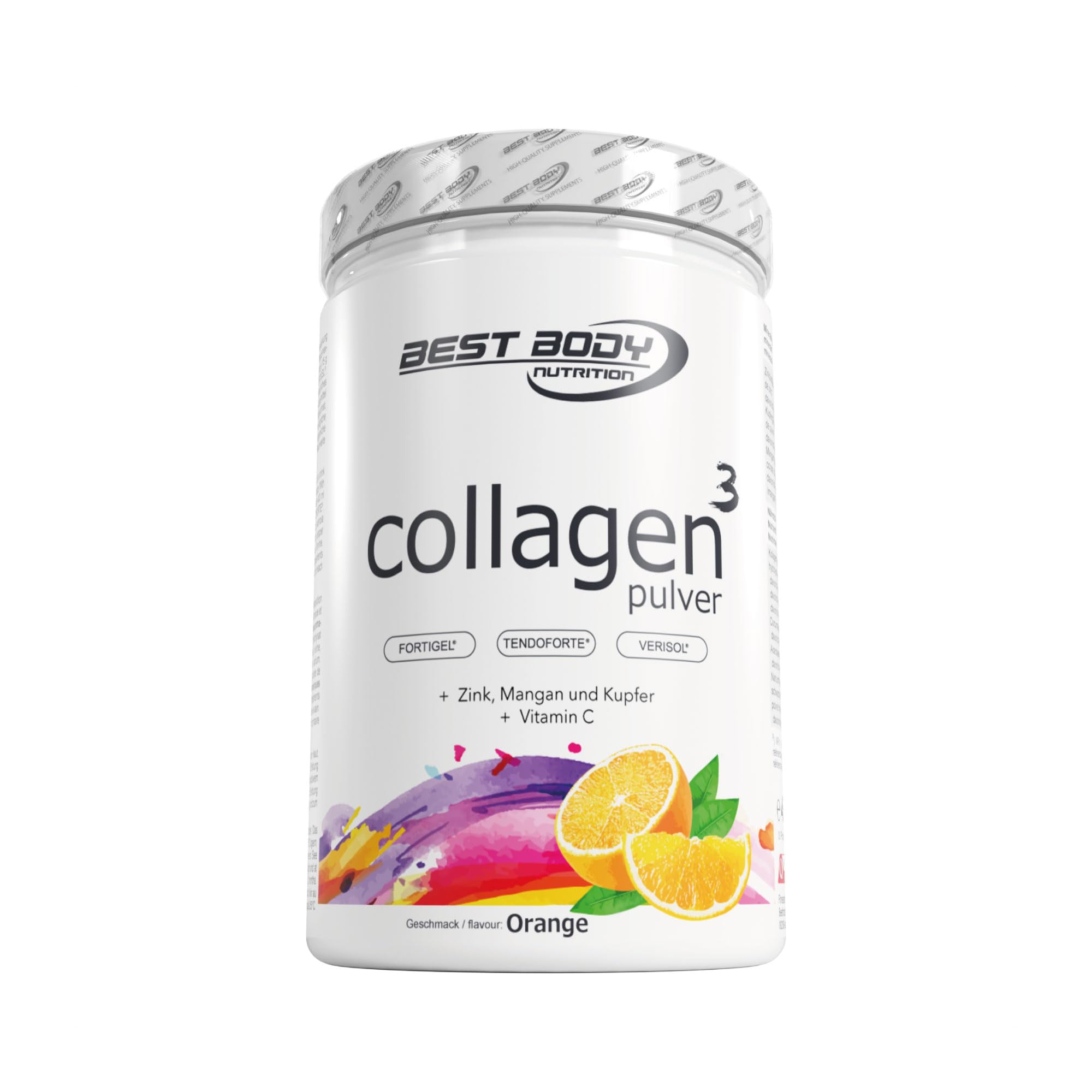 Best Body Nutrition Kollagenpulver 450 g Orange, Kollagenhydrolysat | Mit Fortigel®, Tendoforte® und Verisol®, plus Hyaluronsäure, Zink, Kupfer, Mangan; mit Wasser als Drink für die Routine