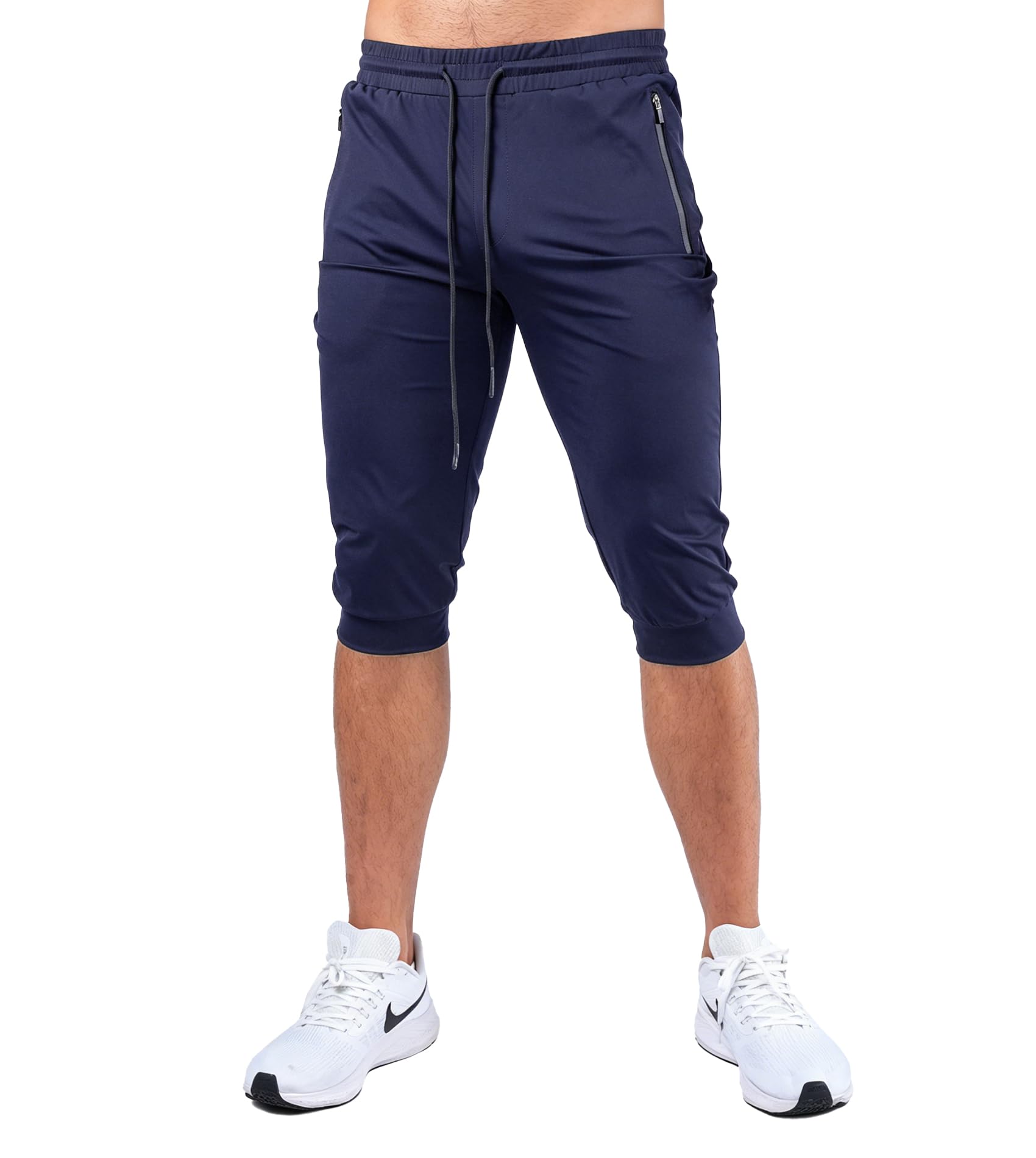 Fioboc 3/4-Jogginghose für Herren mit Reißverschlusstaschen, Caprihose, schnell trocknend, Herren-Sweathose, Kordelzug, verstellbare Trainingshose