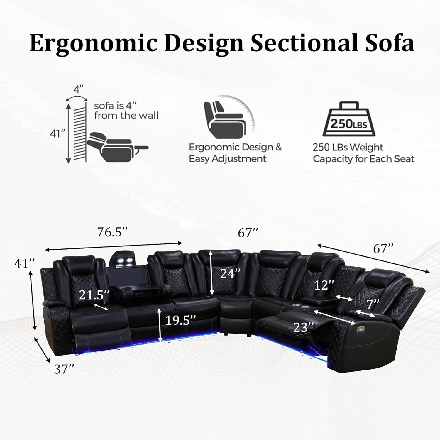 Power Recliner Sectional Sofa with LED Light, Breathing Leather Recliner Sofa Couch with Wireless Charger/Cup Holder for Living Room Home Office Theater (All Black)