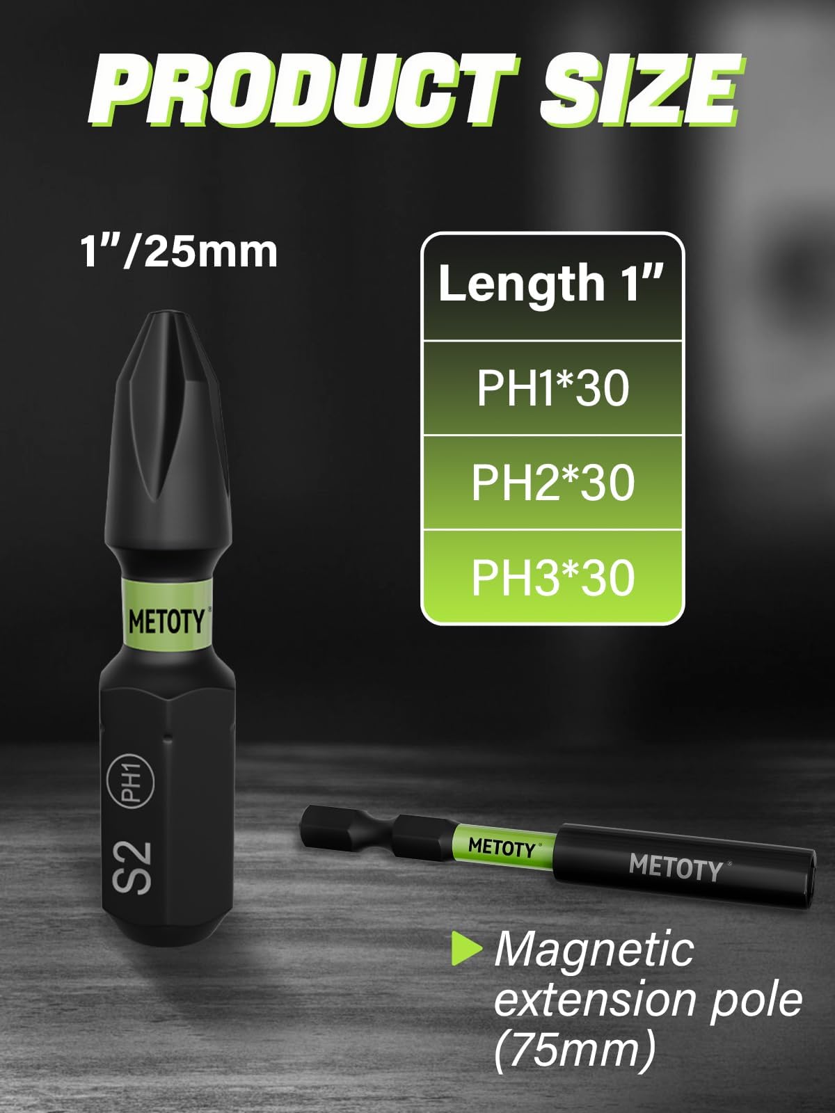 Set di 91 punte per cacciavite a percussione, punte magnetiche in acciaio S2 (PH1/PH2/PH3) in lunghezza 25 mm, dotate di asta di prolunga magnetica e base di archiviazione codificata