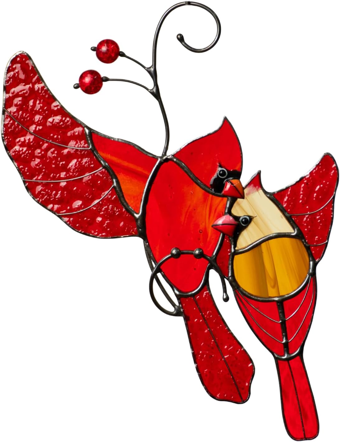 Cardinals Birds Stained Glass Suncatcher Genuine Stained Glass Window Hangings Unique Indoor Ornament & Outdoor Decor (Hugging Cardinals)