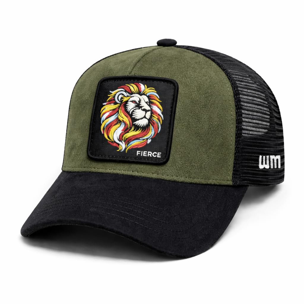 Baseball Cap for Men Original Adjustable Unisex Cap, Mens Caps Stylish, Green & Black Suede Cap with Net Back, Structured 5 Panel A-Frame Trucker Hat with Lion Logo, Fierce King Baseball Cap for Men Original Adjustable Unisex Cap, Mens Caps Stylish, Green & Black Suede Cap with Net Back, Structured 5 Panel A-Frame Trucker Hat with Lion Logo, Fierce King