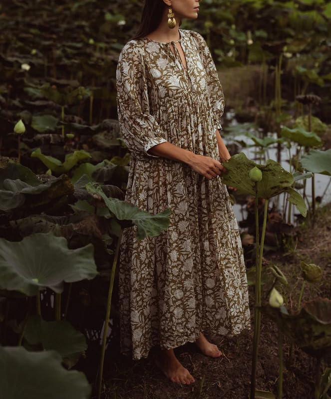 Women's Boho Floral Maxi Dress Puff Sleeve V-Neck Loose Fit Tiered Sundress S/M/L Pink All Seasons Casual Dress3