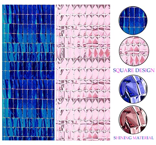 Image of AMFIN (Pack of 2) Square Foil Curtains for Birthday Decoration Photo Booth Props Backdrop Baby Shower Bachelorette Party Decorations - Blue & Pink