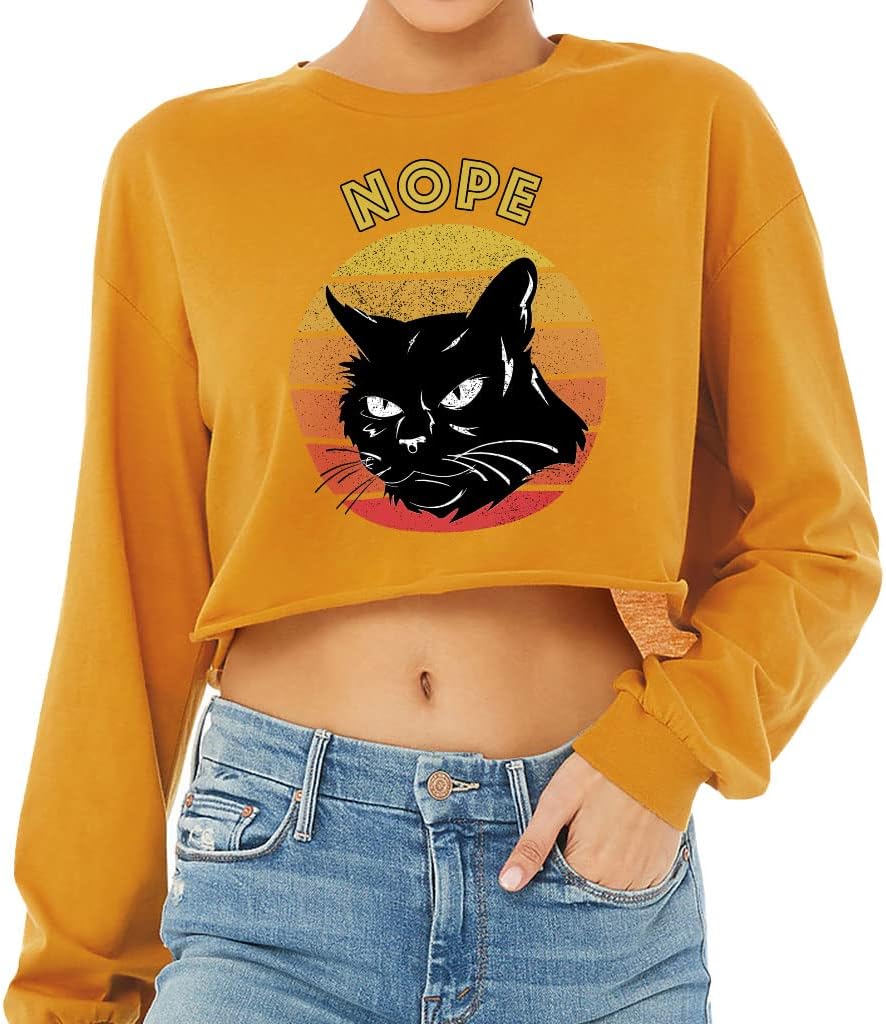 Cat Nope Cropped Long Sleeve T-Shirt - Colorful Women's T-Shirt - Graphic Long Sleeve Tee - Mustard, S
