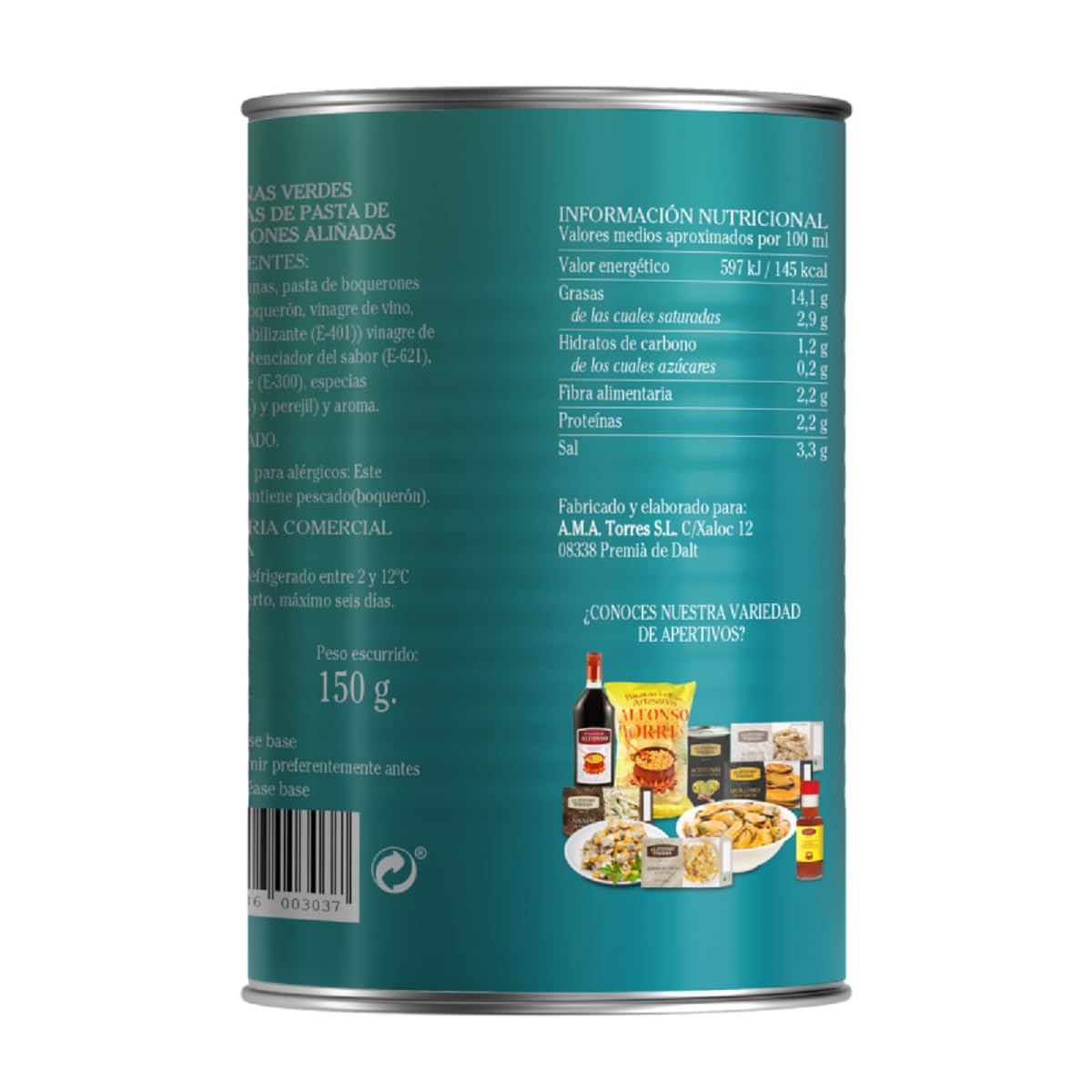 Aceitunas verdes seleccionadas rellenas de delicioso boquerón en vinagre, peso neto 350 gramos, escurrido 150 gramos, calidad gourmet, sabor excepcional. Alfonso Torres.
