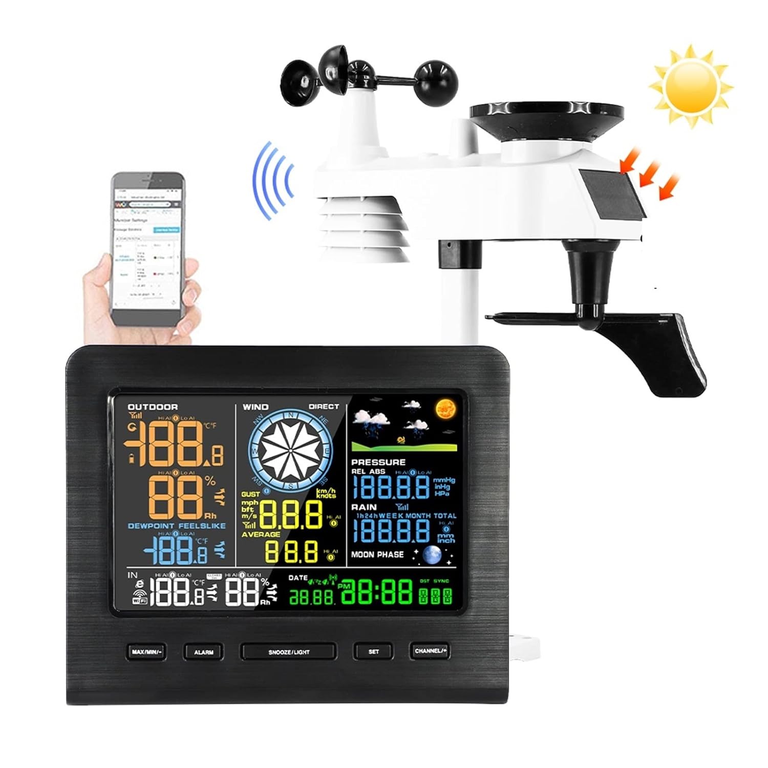 Weather Stations with Outdoor Sensor Wireless, Weather Station 8 in 1 Internet Wireless with Outdoor Sensor Rain Gauge Professional Weather Forecast Humidity Wind Gauge,for Home