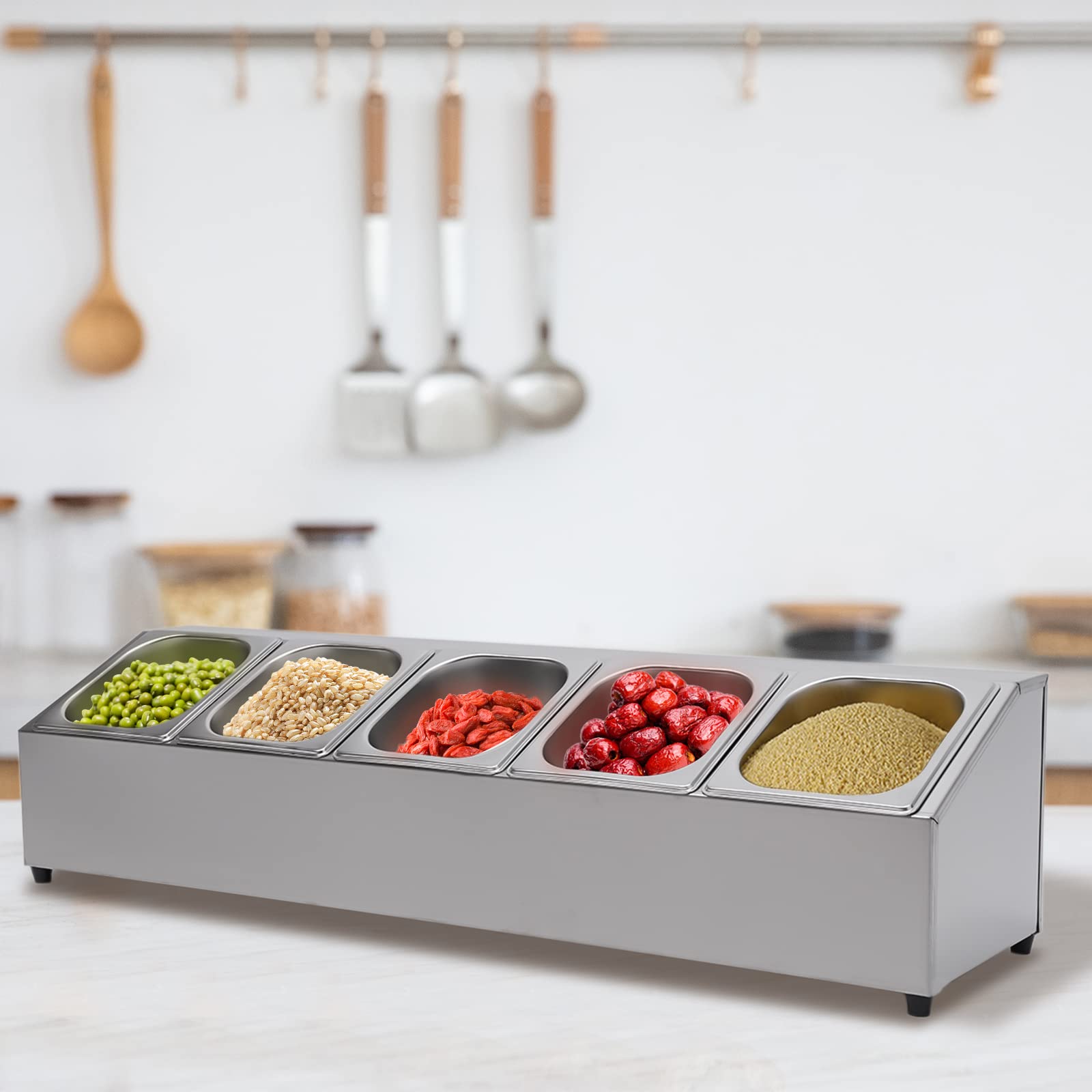 SHZICMY GN-Aufsatzbord Gastronorm - Recipiente con 5 recipientes GN y 5 tapas, recipiente para ingredientes para pizza, acero inoxidable, para gastro y cocina
