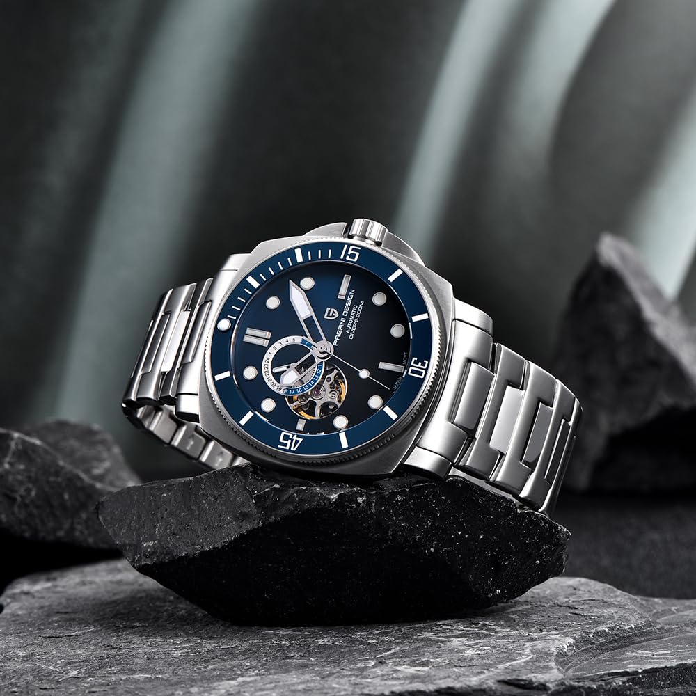 Pagani Design - Reloj mecánico automático para Hombre, Resistente al Agua hasta 200 m, Esqueleto NH39, Movimiento de Cristal de Zafiro, Azul, Casual