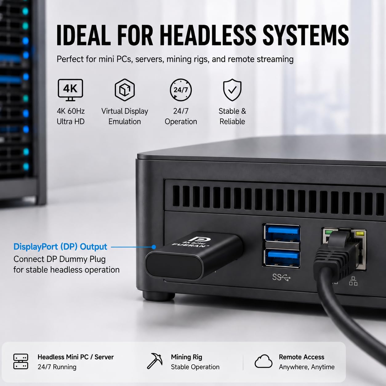 4K60Hz HDR DP Dummy Plug, 3840 x 2160 @ 60 Hz 1440P 120/144Hz 1080p 120/144/240Hz Virtual Display Emulator, displayport Dummy Plug, adapter wyświetlacza Headless Ghost, monitor EDID (3, czarny)