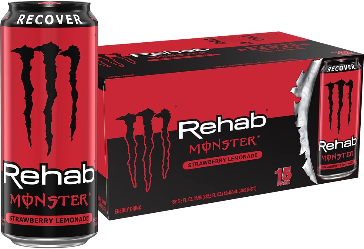 Monster Energy Rehab Strawberry Lemonade + Energy, Energy Drink, 15.5 Ounce (Pack of 15)