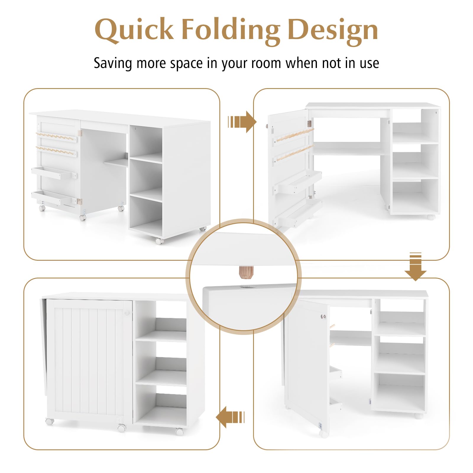 GIANTEX Armario de Costura Plegable con 6 Ruedas, Mesa de Coser con 3 Estantes Abiertos y 18 Portacarretes, 146x50x78 cm, Mesa Multiusos 2 en 1 para Dormitorio, Salón y Estudio, Blanco