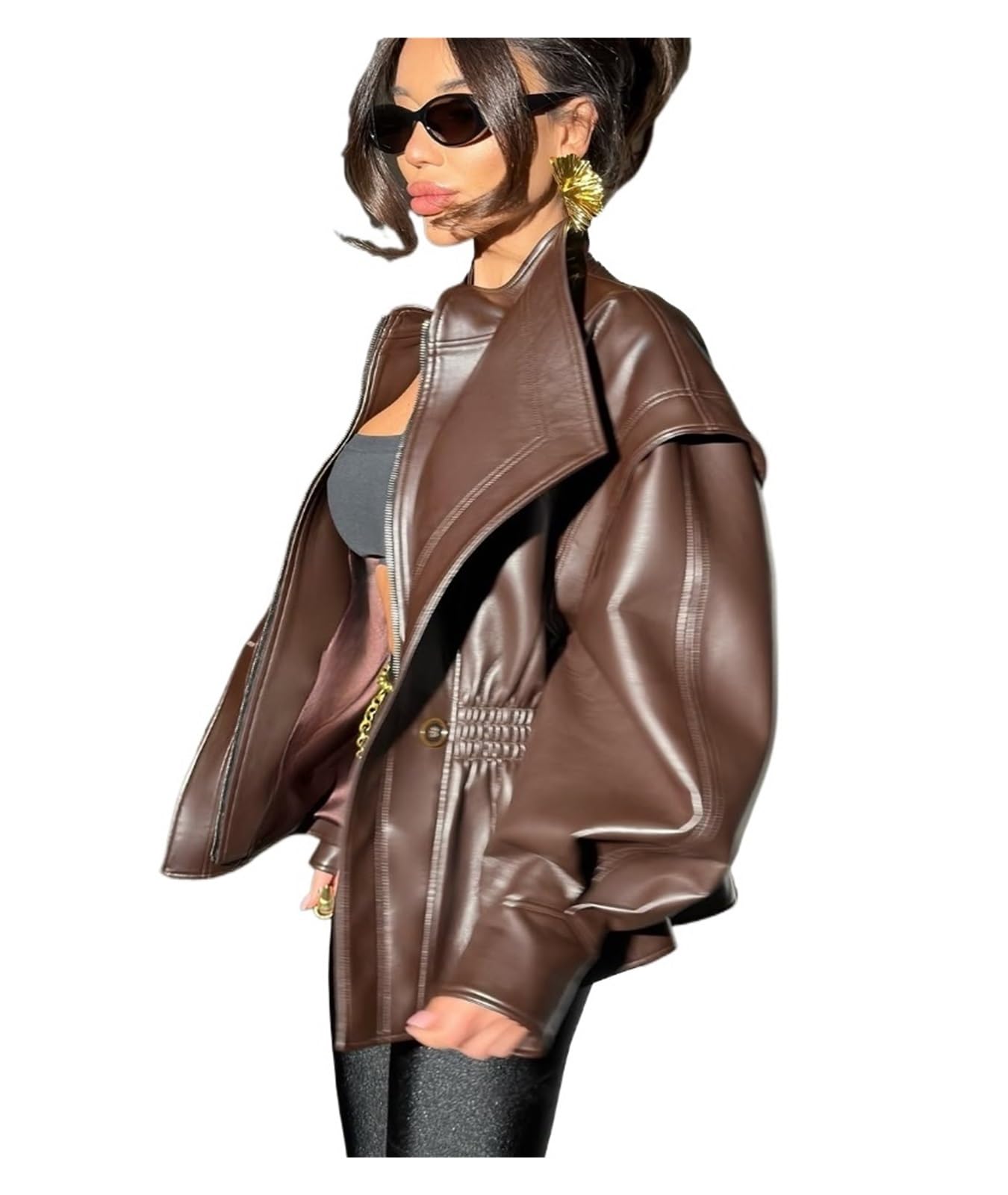 Chaqueta Cuero Mujer Brwon Leather Jacket Women Casual Lapel Coat Lady Autumn Outdoors Highstreet Outwear Para salir