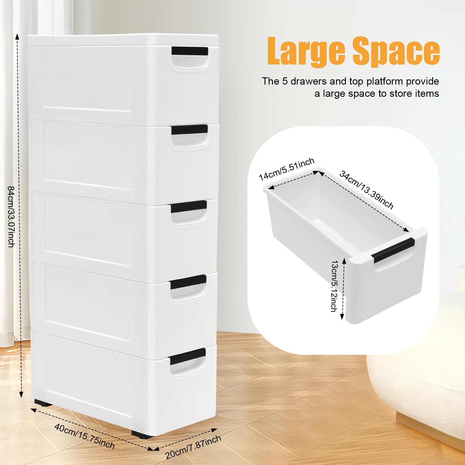 Plastic Storage Dresser with Wheels - Easy Pull Fabric Bins - Organizer Unit for Home Closet Bedroom Bathroom Office Laundry Kitchen Craft Room and Dorm (Without lock, 5 Der, White)