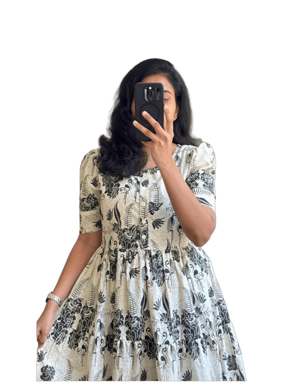 Women's Black & White Floral Printed Cotton Fit & Flare Midi Dress with Puff Sleeves-picture-23