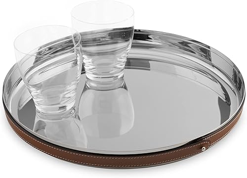 Miniatura 4 de Nambe Bandeja de barra Tahoe | Bandeja organizadora de acero inoxidable con bordes elevados y acento de cuero | Bandeja decorativa redonda de metal