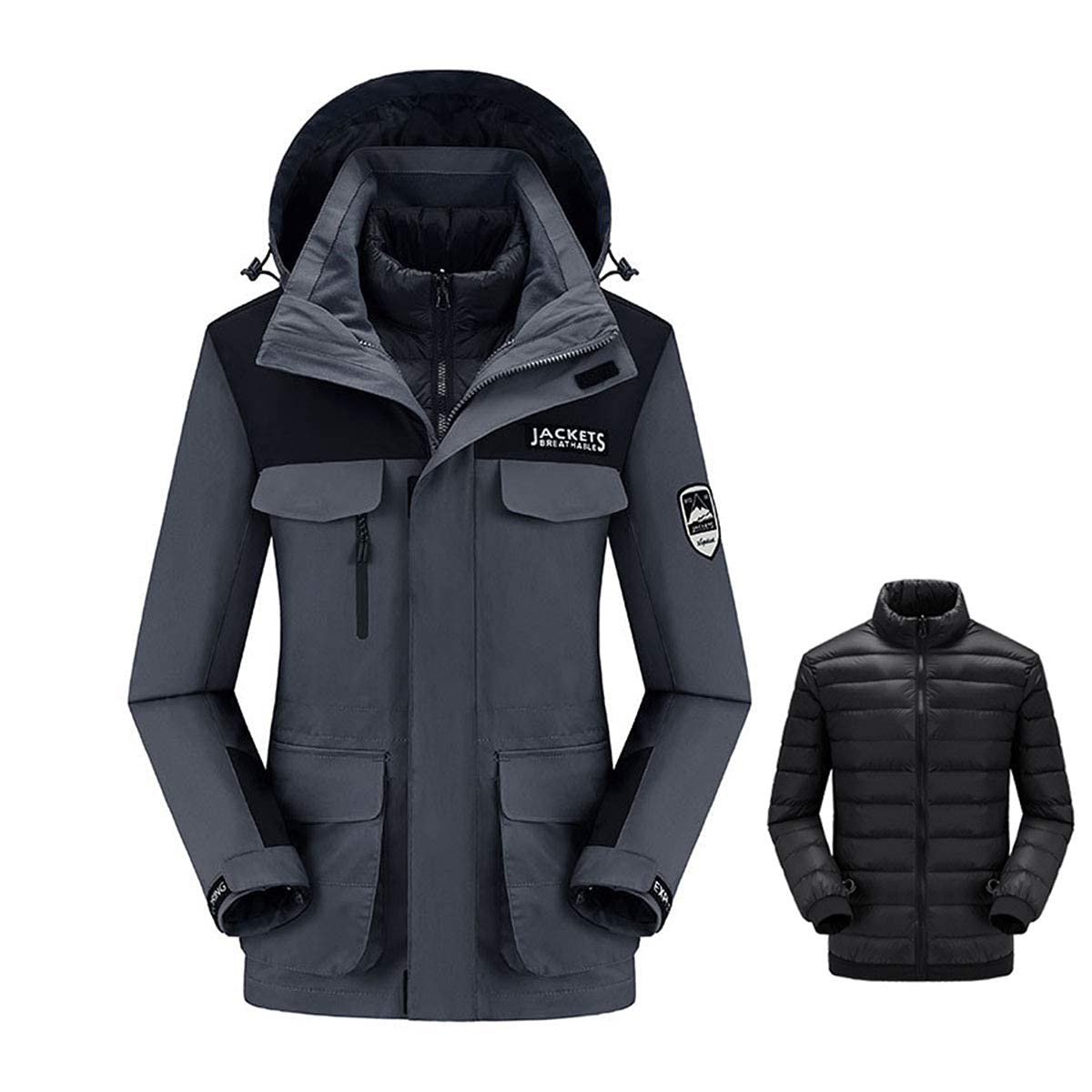 MU Hombre Impermeable 3 en 1 Chaqueta de Esquí Abajo Chaqueta Abrigo de Invierno Caliente Chaquetas de Snowboard a Prueba de Viento con Capucha Desmontable Abrigo de Montaña/Grey/5Xl