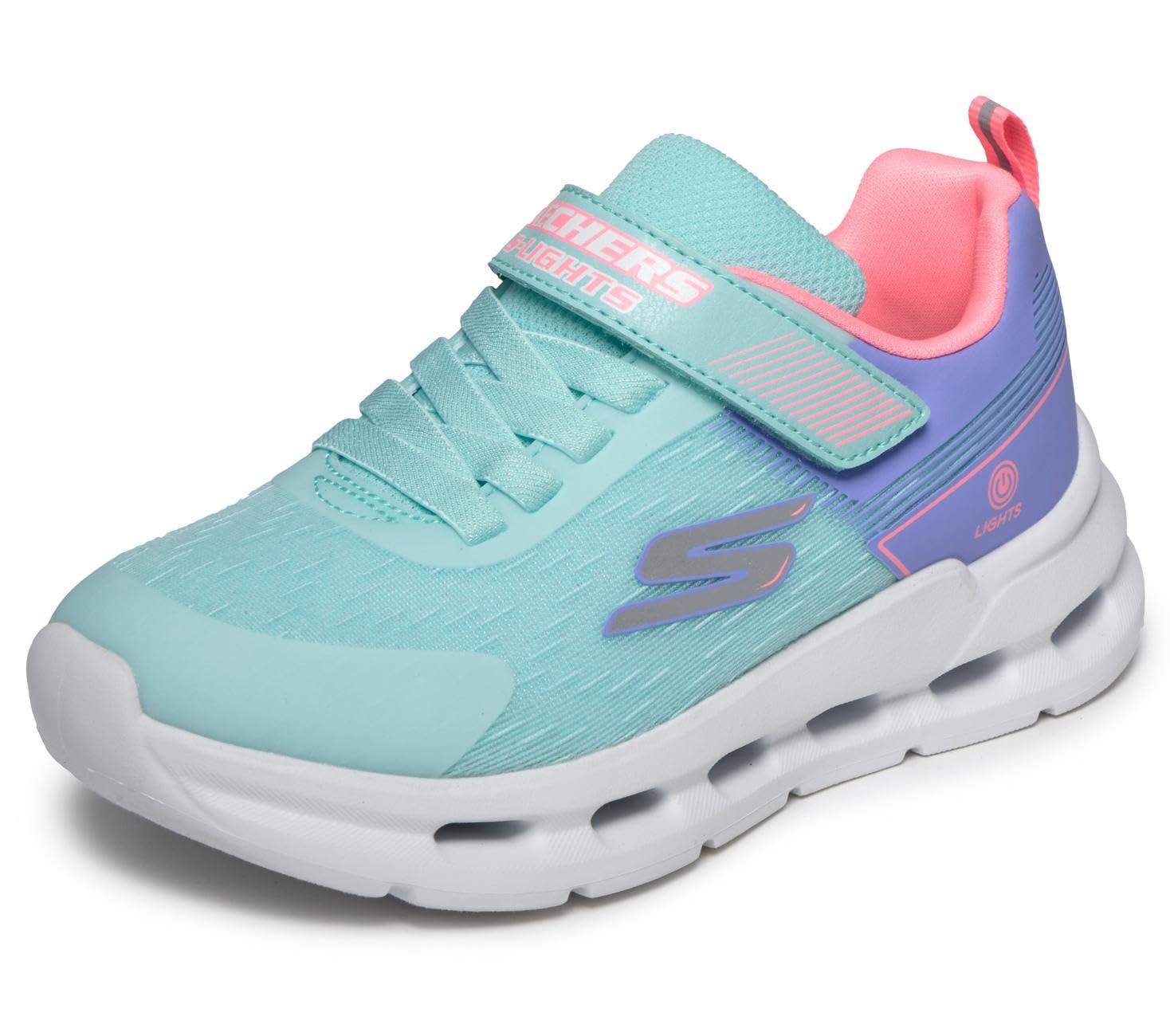Skechers Girl's Glide-Step Lights Trainers, Aqua Synthetic/Multi Trim, 10.5 UK Child