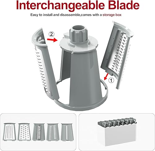 Miniatura 6 de Ourokhome Rallador rotativo de queso, triturador de queso, rebanador de verduras mandolina con 5 cuchillas intercambiables y base de succión fuerte