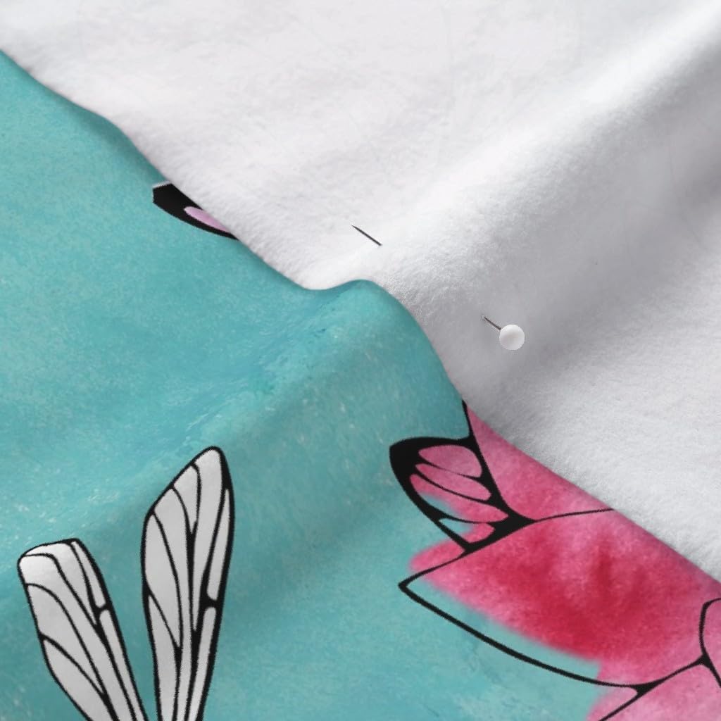 Spoonflower Fabric - Dragonfly Lotus Flower Teal Flowers Nature Insect Floral Turquoise Printed on Polartec(R) Fleece Fabric by The Yard - Sewing Blankets Loungewear and No-Sew Projects