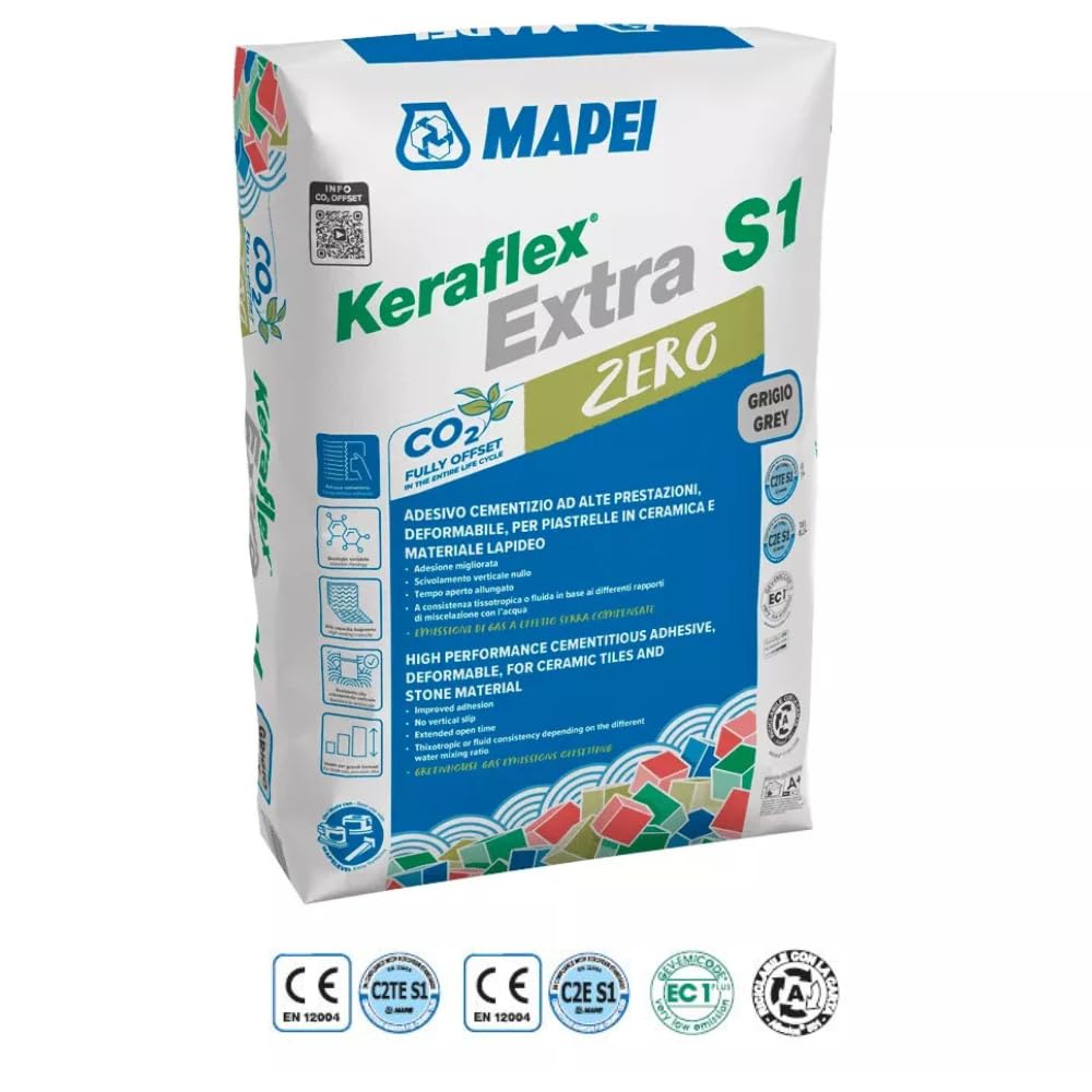 Mapei Keraflex Extra S1 Zero Adesivo Cementizio per Piastrelle, Grigio, Alta Prestazione, Bassa Polverosità, Sacco 25 Kg