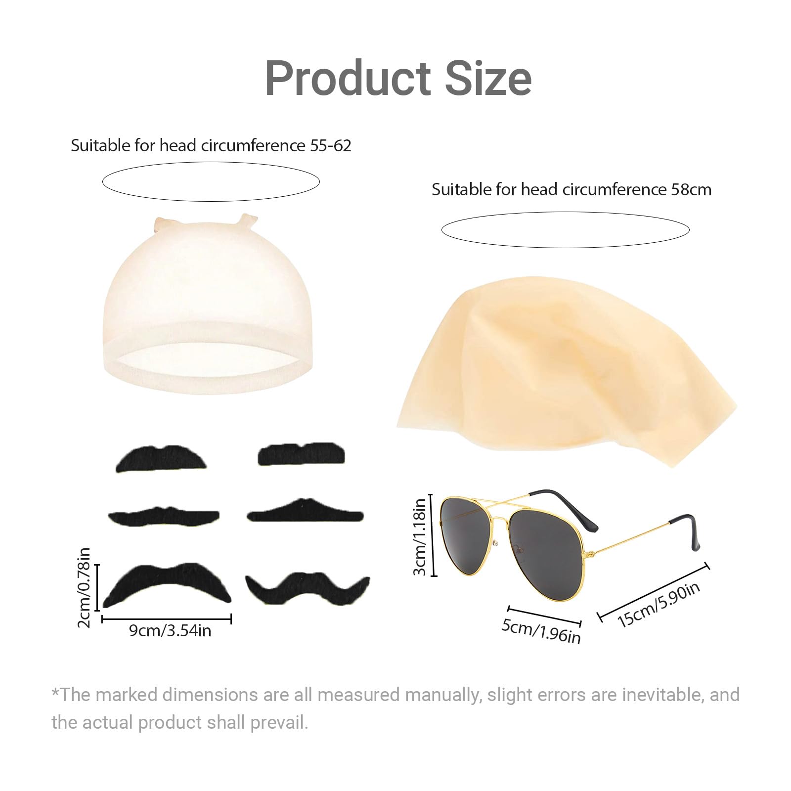 GWAWG 4 Pcs Fancy Dress Bald Cap Accessory Set Nude Latex Bald Cap with Wig Caps Black Sunglasses Black Beard Patch Set Halloween Music Icon Cosplay Accessory for Kids Adults - Image 2