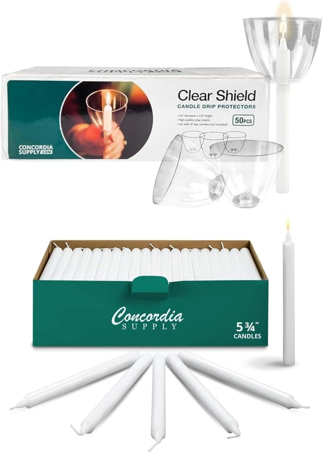 Concordia Supply 5.75" x 1/2" Church Candles & 50 Pcs Clear Shield Candle Drip Protectors for Candlelight Service Vigil, White Candles for Memorial, Communion, Baptism, Christmas Ceremony - Box of 100
