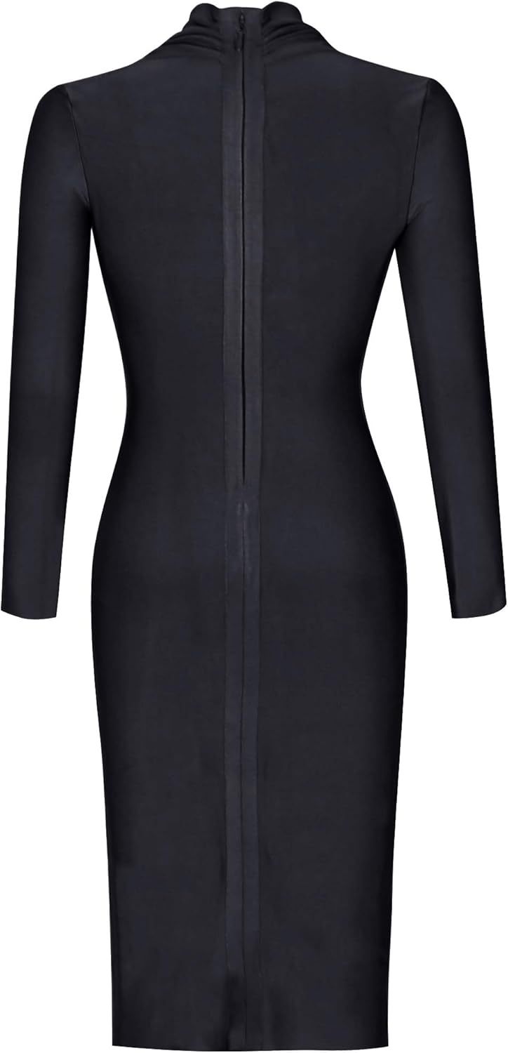 whoinshop Women 's Draped Deep Plunged Long Sleeve Night Out Club Cocktail Party Dresses with Knee Length - Image 6