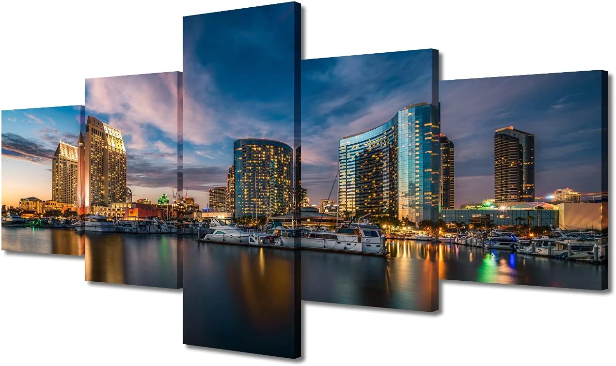 TUMOVO 5 Piece Cityscape Canvas Wall Art San Diego Skyline at Night Home Decorations for Living Room San Diego California Night View Picture Modern Home Decor Ready to Hang (50''Wx 24''H)