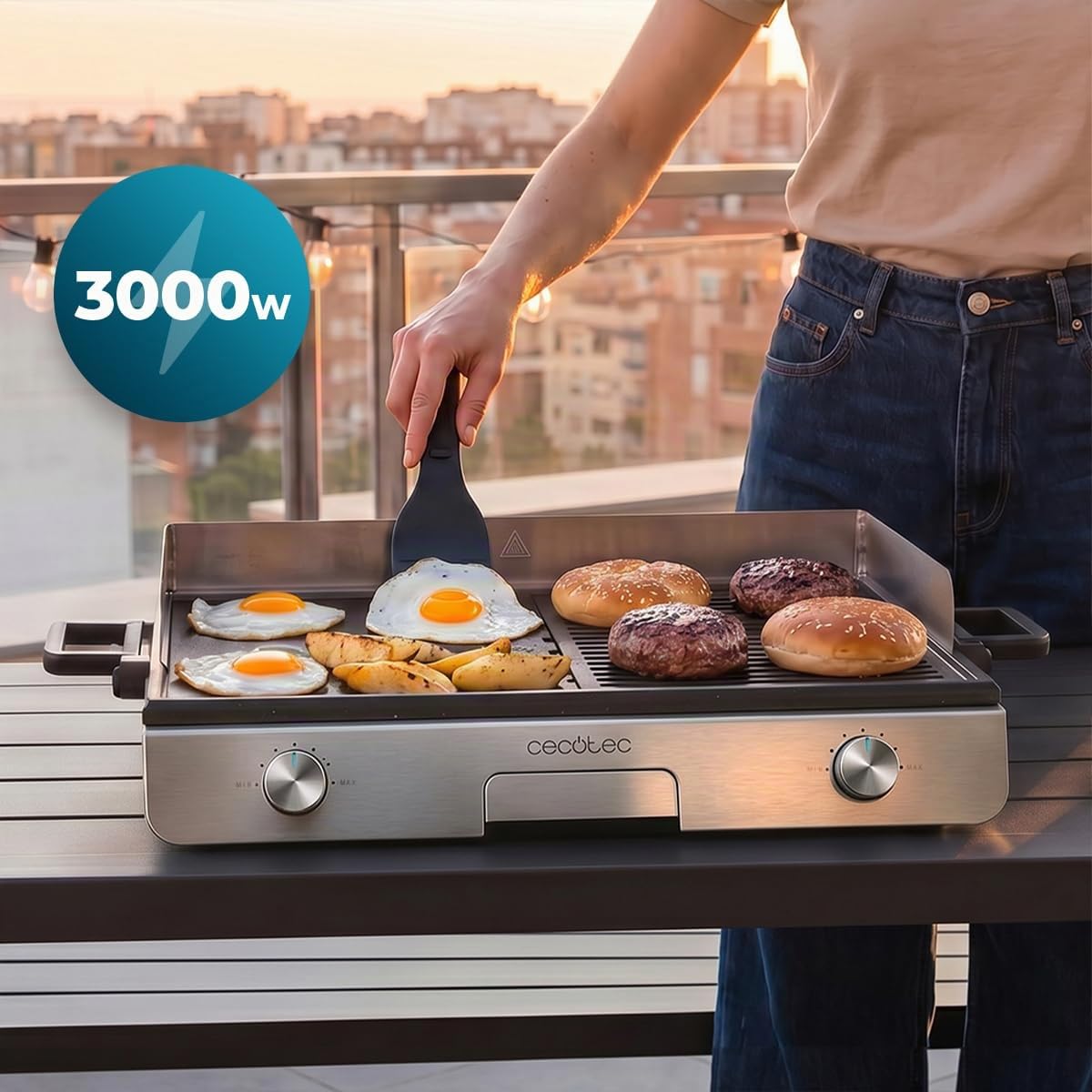 Cecotec Barbecue Elettrico Perfectroast 3000 Inox Max. 3000W, Superficie di Cottura 30 x 50 cm, 2 Aree di Cottura, Rivestimento Antiaderente, Metallico