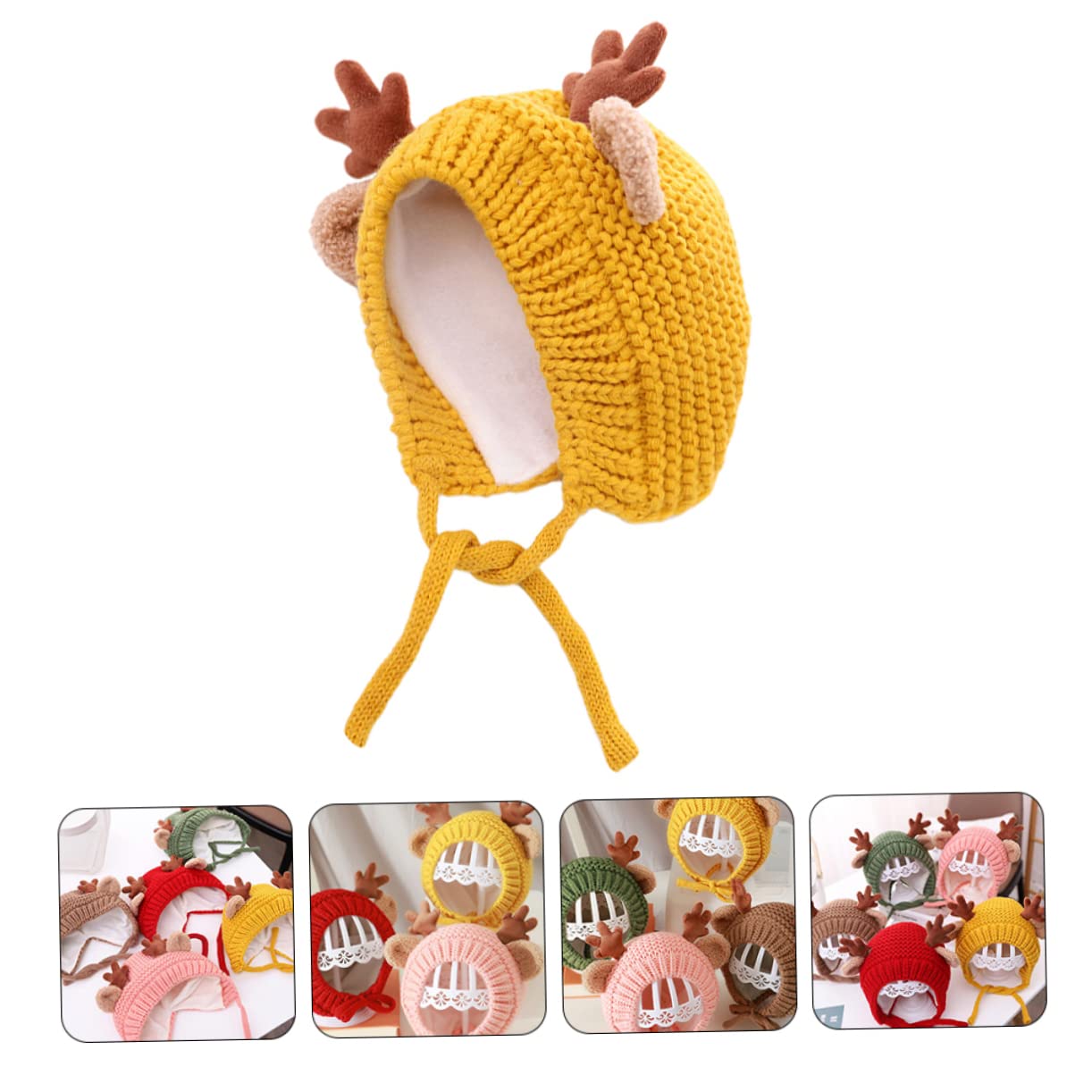 SHERCHPRY Gorro Navideño De Asta Sombrero De Venado De Navidad Gorro De Bebe Gorra con Forro Polar para Bebé Gorro De Reno Gorro De Punto con Forro Polar para Bebé Yellow